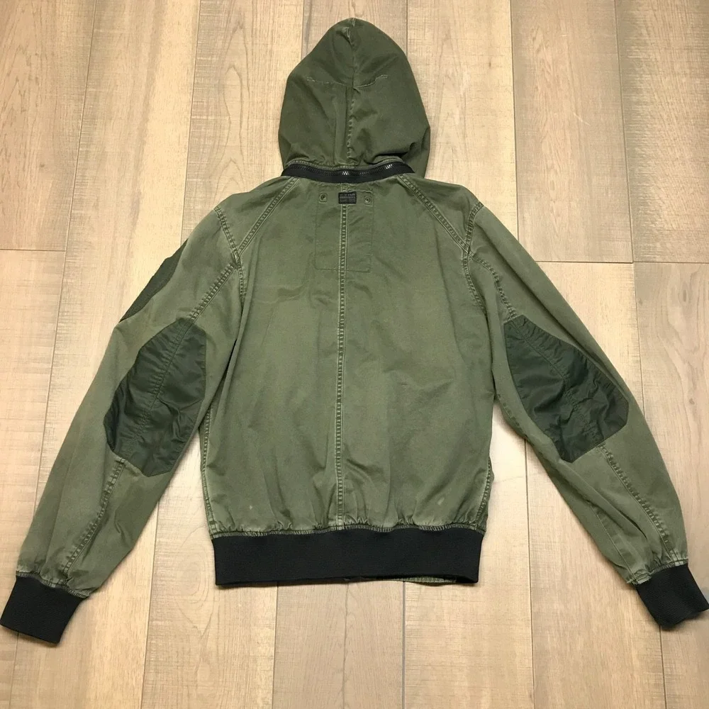 G Star Raw Bomber Jacket Mens Size S Green Submarine HDD Military Hooded Patches